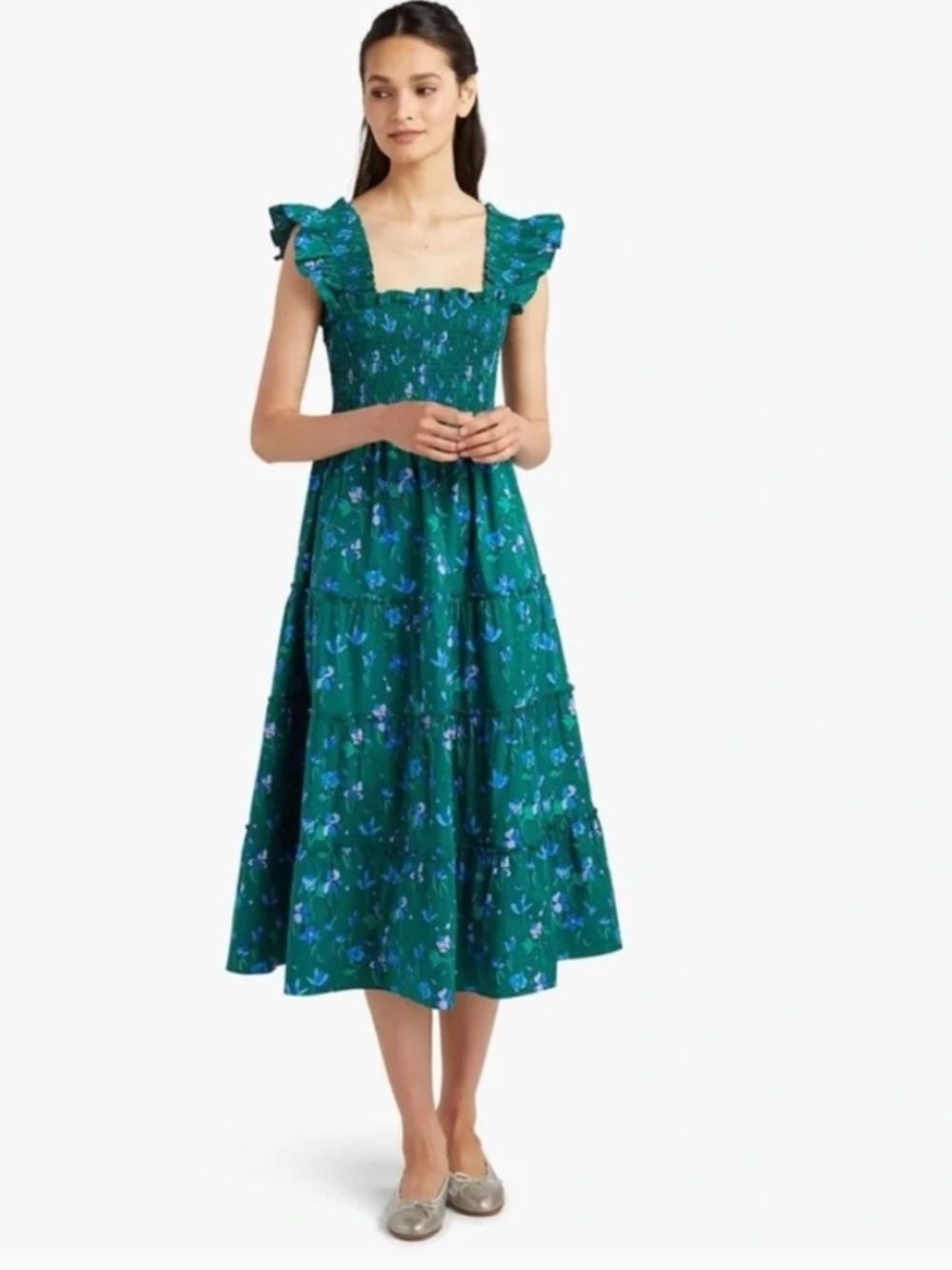 Hill House The Nap Dress, Green Floral, Midi, Ruffles, Smocked, Size XS